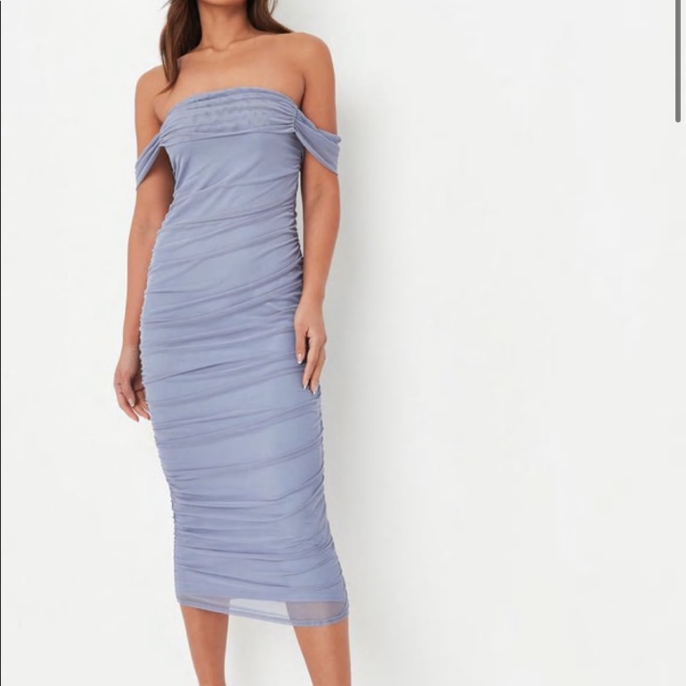 Missguided Blue Bardot Ruched Mesh Midi Dress size 4